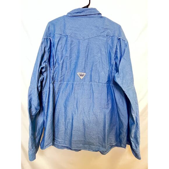 Columbia Mens 2XL Blue Chambray Pearl Snap Western Shirt Long Sleeve Button Down - Picture 2 of 6